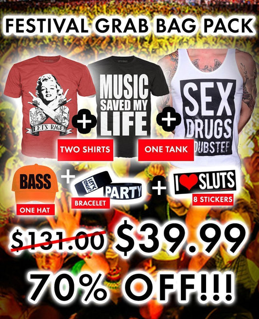 Festival Grab Bag Pack: 2 Shirts, 1 Tank, Hat, Wristband, 8 Stickers!